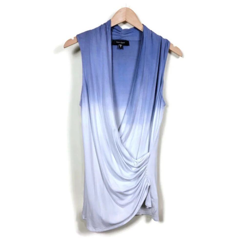 Karen Kane Sleeveless Faux Wrap Top Womens Size M Purple White Ombre